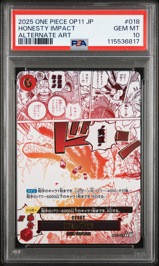 PSA 10 2025 ONE PIECE JAPANESE OP11-A FIST OF DIVINE SPEED | ALTERNATE ART HONESTY IMPACT 018
