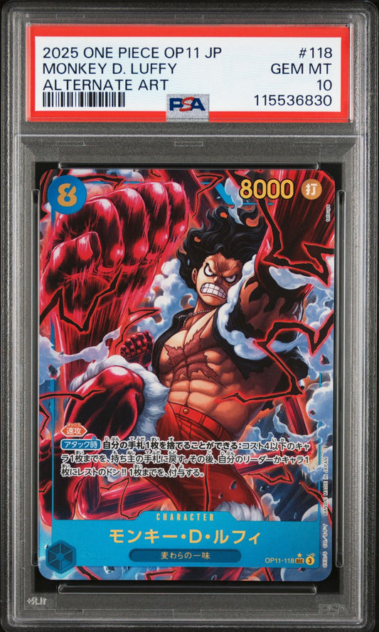 PSA 10 2025 ONE PIECE JAPANESE OP11-A FIST OF DIVINE SPEED | ALTERNATE ART MONKEY D. LUFFY 118