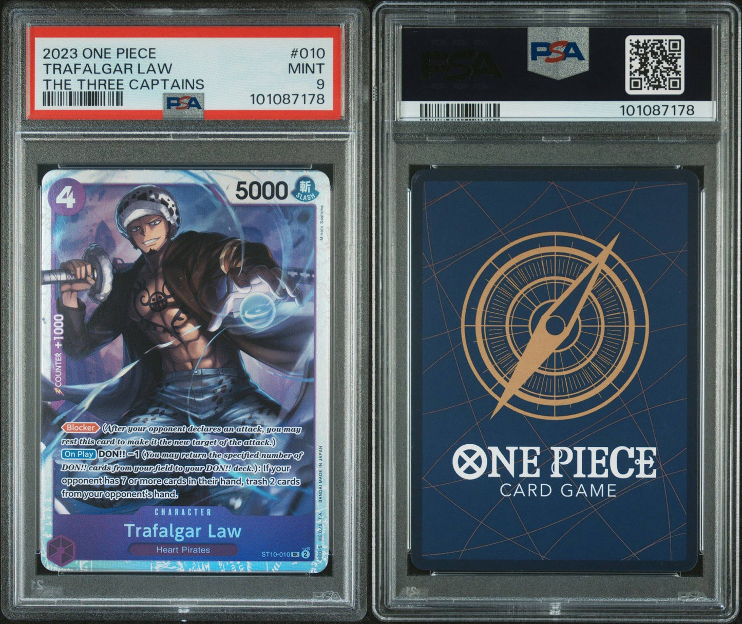 PSA 9 2023 ONE PIECE ULTRA DECK ST10-THE THREE CAPTAINS 010 TRAFALGAR LAW