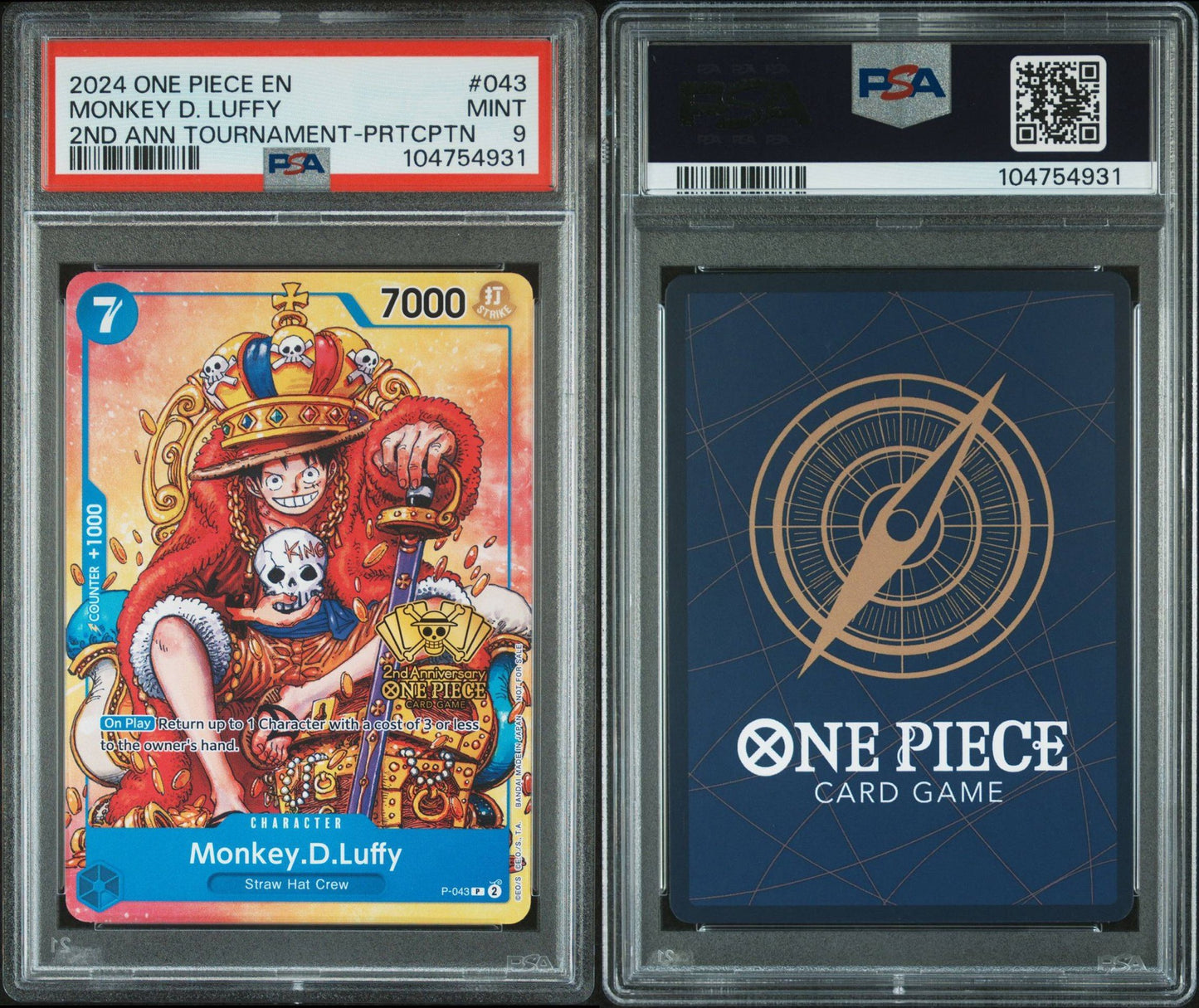 PSA 9 2024 ONE PIECE PROMOS | 2ND ANNIVERSARY TOURNAMENT-PARTICIPATION 043 MONKEY D. LUFFY