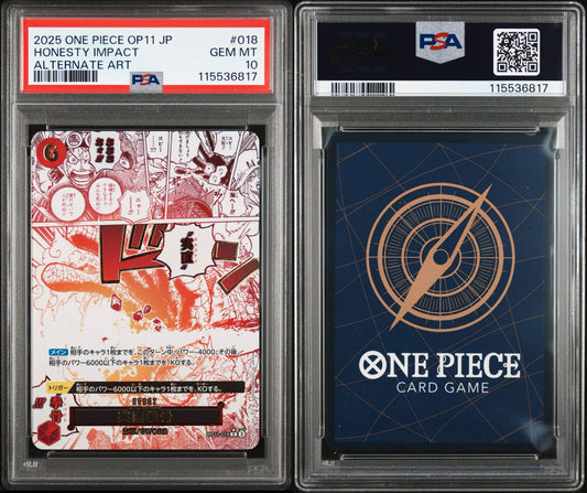 PSA 10 2025 ONE PIECE JAPANESE OP11-A FIST OF DIVINE SPEED | ALTERNATE ART HONESTY IMPACT 018