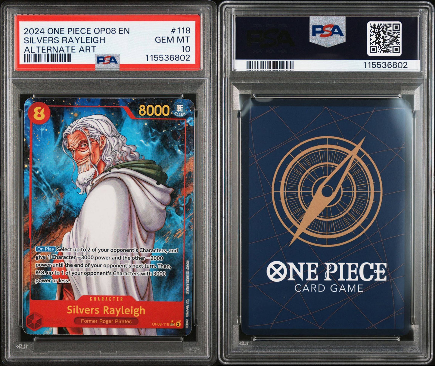 PSA 10 2024 ONE PIECE OP08-TWO LEGENDS | ALTERNATE ART SILVERS RAYLEIGH 118