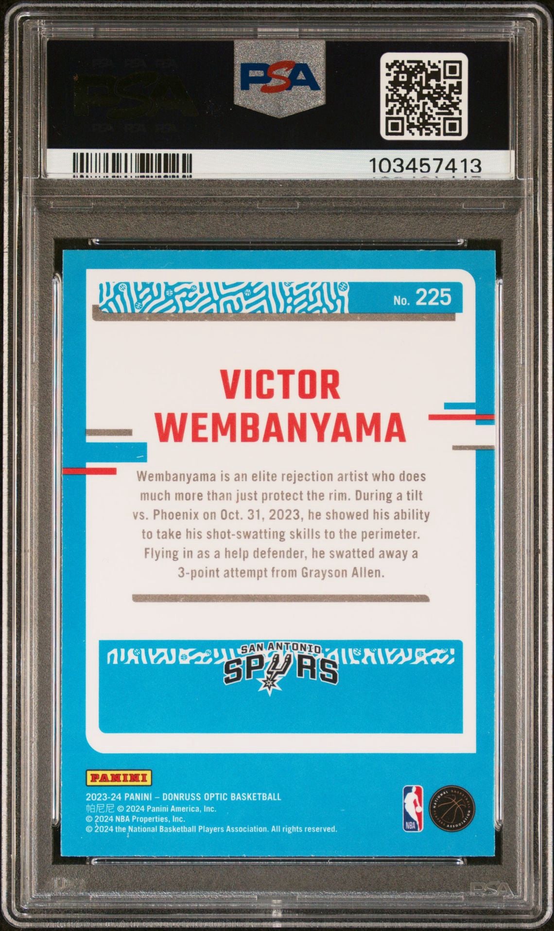 PSA 10 2023 PANINI DONRUSS OPTICVICTOR WEMBANYAMA 225