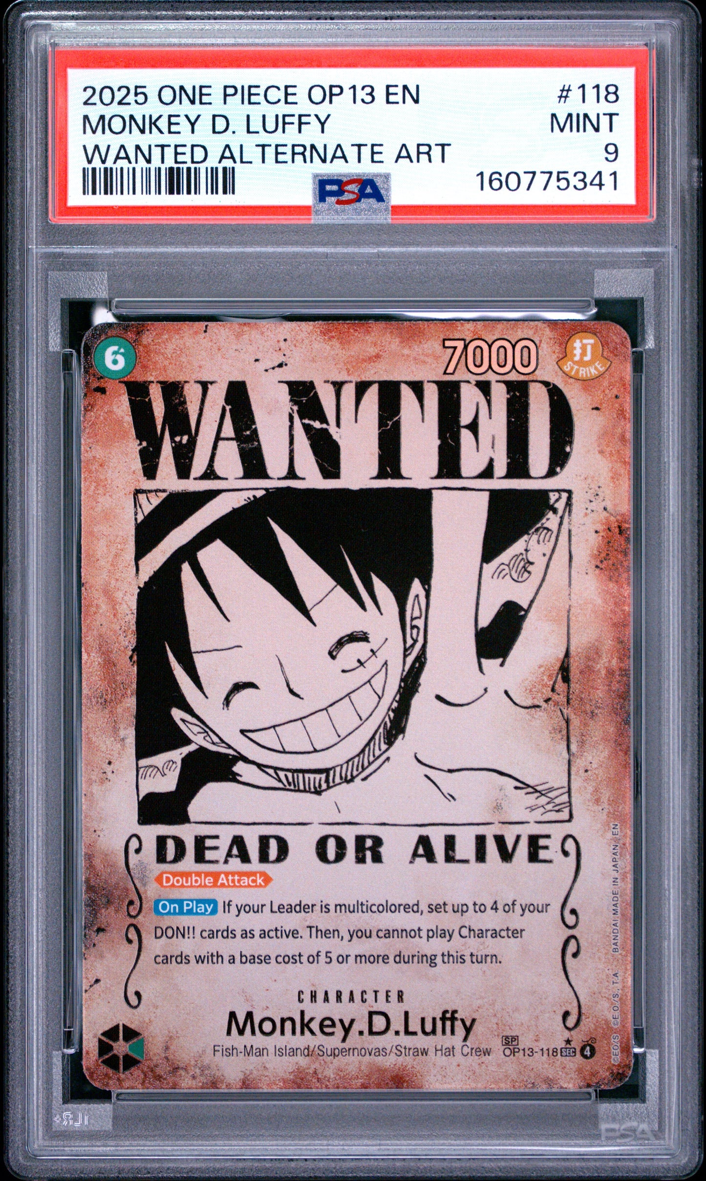 PSA9 2025 One Piece Op13-Carrying on His Will Monkey D. Luffy #118 Wanted Alternate Art