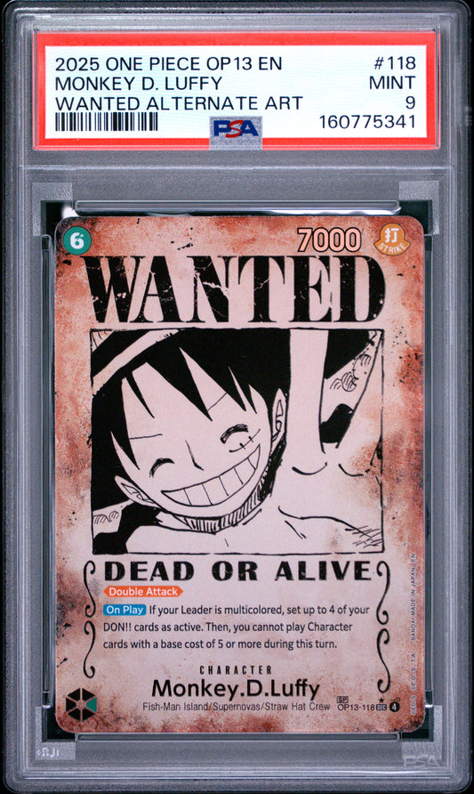 PSA9 2025 One Piece Op13-Carrying on His Will Monkey D. Luffy #118 Wanted Alternate Art
